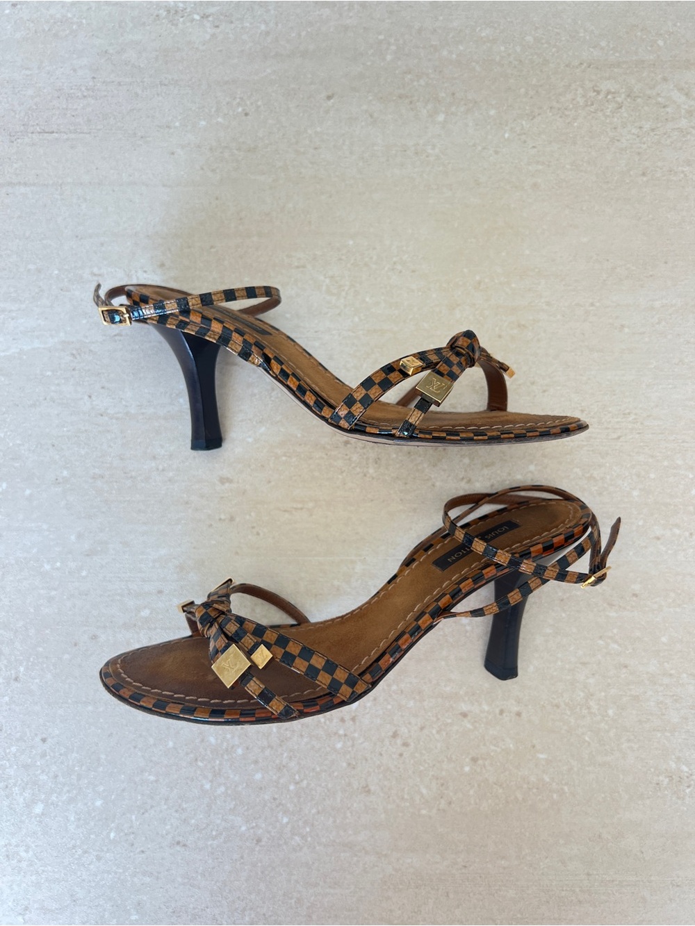 Vintage Louis Vuitton Damier Brown Checkered Strappy Sandals with Gold Accents - Picture 5 of 9
